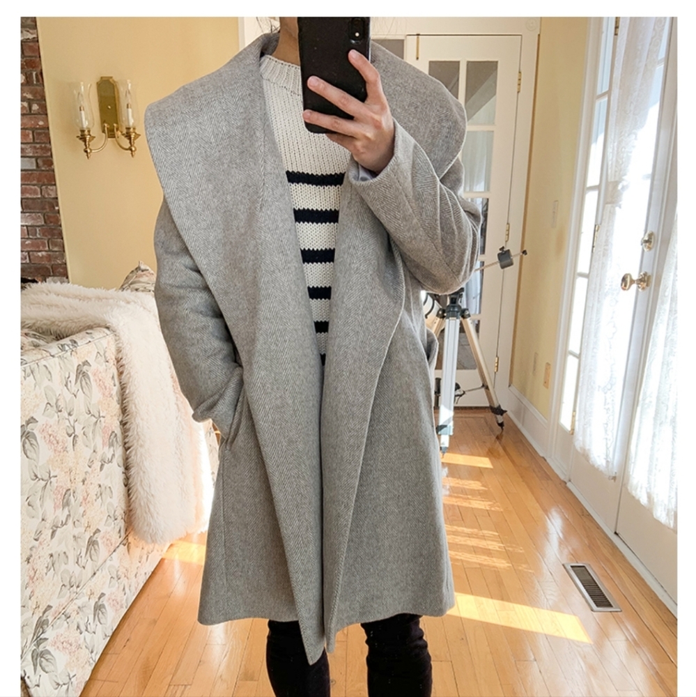 Ann Taylor Herringbone Shawl Collar Wrap Coat Medium Petite